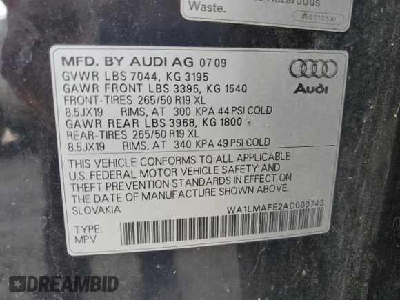 2010 Audi Q7 Premium Plus with VIN WA1LMAFE2AD000743, listed as a Copart auction lot 56893185 with 117,527 mi miles and Clean title. Bid and sale history available at DreamBid. Image 13.