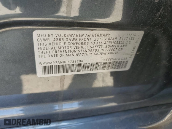 2011 Volkswagen CC Sport с VIN WVWMP7AN8BE733208, выставлен на аукционе Copart как лот 60880255 с пробегом 127 335 миль миль и Чистый • Clean title. История ставок и продаж доступна на DreamBid. Изображение 12.