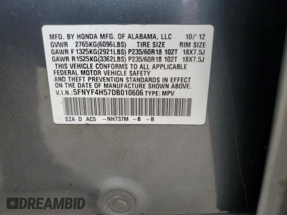2013 Honda Pilot EX-L with VIN 5FNYF4H57DB010606, listed as a Copart auction lot 48666005 with 0 mi miles and Salvage Title. Bid and sale history available at carsss.com. Image 13.