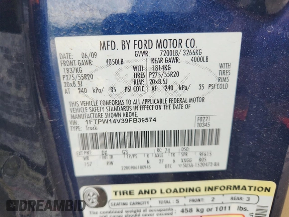 2009 Ford F-150 XL с VIN 1FTPW14V39FB39574, выставлен на аукционе Copart как лот 58732285 с пробегом 163 490 миль миль и Списание • Salvage title. История ставок и продаж доступна на DreamBid. Изображение 12.