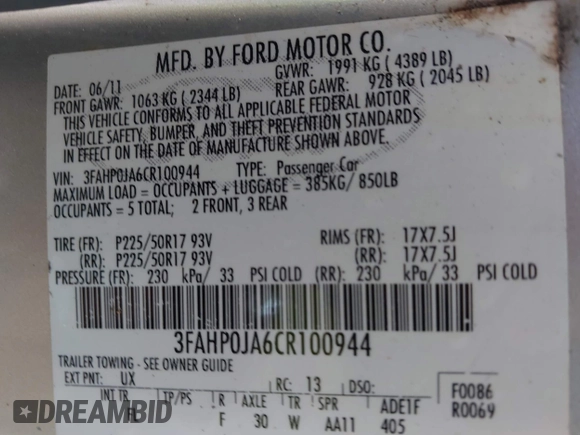 2012 Ford Fusion SEL with VIN 3FAHP0JA6CR100944, listed as a IAAI auction lot 41928200 with 96,693 mi miles. Bid and sale history available at carsss.com. Image 9.
