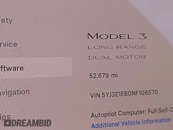 2022 Tesla Model 3 Long Range with VIN 5YJ3E1EB0NF106570, listed as a IAAI auction lot 41832622 with 52,679 mi miles and . Bid and sale history available at DreamBid. Image 7.
