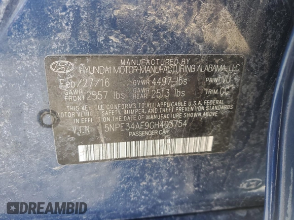 2016 Hyundai Sonata Sport with VIN 5NPE34AF9GH403754, listed as a Copart auction lot 50369425 with 114,152 mi miles and Non Repairable. Bid and sale history available at DreamBid. Image 12.
