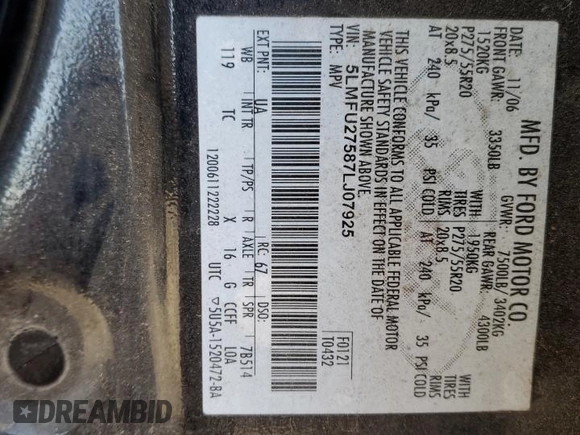 2007 Lincoln Navigator with VIN 5LMFU27587LJ07925, listed as a Copart auction lot 46303465 with Not provided miles and Salvage title. Bid and sale history available at DreamBid. Image 14.