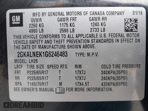 2016 GMC Terrain SLE with VIN 2GKALNEK1G6246483, listed as a IAAI auction lot 41898671 with 158,507 mi miles. Bid and sale history available at carsss.com. Image 9.