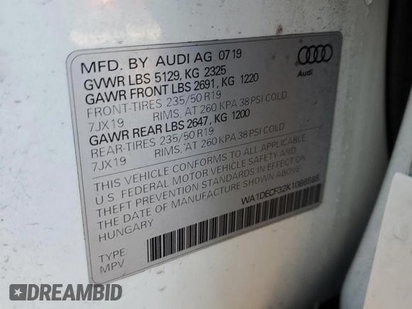2019 Audi Q3 S line Premium with VIN WA1DECF32K1086585, listed as a Copart auction lot 77803064 with 67,991 mi miles and Non repairable. Bid and sale history available at DreamBid. Image 14.