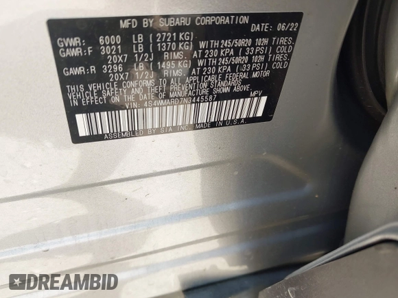 2022 Subaru Ascent Touring with VIN 4S4WMARD7N3445587, listed as a IAAI auction lot 42733923 with 60,896 mi miles and . Bid and sale history available at DreamBid. Image 9.