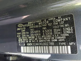 2019 Hyundai Kona SE with VIN KM8K1CAA1KU302788, listed as a IAAI auction lot 40709755 with 46,724 mi miles. Bid and sale history available at carsss.com. Image 9.