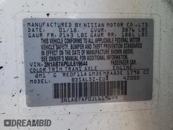 2018 Nissan Sentra SV with VIN 3N1AB7AP0JL619644, listed as a Copart auction lot 53088985 with 90,455 mi miles and Salvage Title. Bid and sale history available at DreamBid. Image 12.