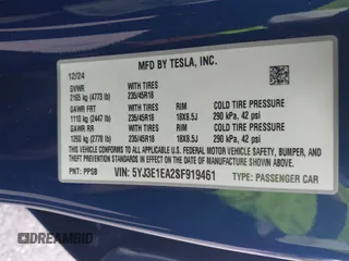 2025 Tesla Model 3 Long Range with VIN 5YJ3E1EA2SF919461, listed as a IAAI auction lot 41672494 with 777 mi miles and . Bid and sale history available at DreamBid. Image 9.