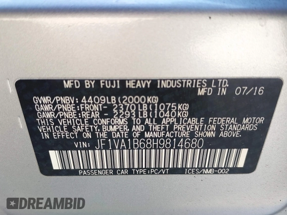 2017 Subaru WRX with VIN JF1VA1B68H9814680, listed as a IAAI auction lot 42078938 with 50,491 mi miles. Bid and sale history available at carsss.com. Image 9.