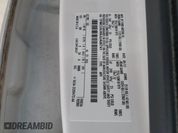 2018 Ford Escape Titanium with VIN 1FMCU0J99JUA06741, listed as a Copart auction lot 55782195 with 103,392 mi miles and Salvage title. Bid and sale history available at DreamBid. Image 14.