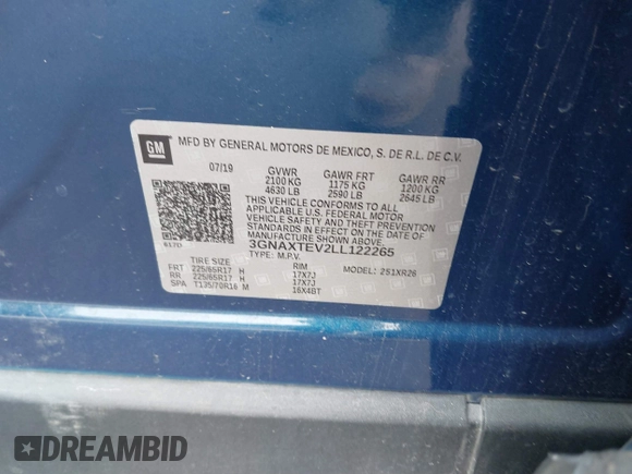 2020 Chevrolet Equinox LT with VIN 3GNAXTEV2LL122265, listed as a IAAI auction lot 41848307 with 133,530 mi miles. Bid and sale history available at carsss.com. Image 9.
