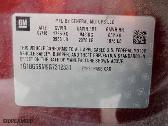 2016 Chevrolet Cruze Premier with VIN 1G1BG5SM9G7312331, listed as a Copart auction lot 42729485 with 147,210 mi miles and Salvage Title. Bid and sale history available at carsss.com. Image 14.