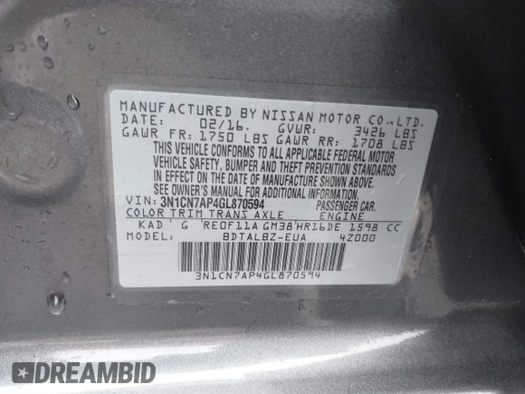 2016 Nissan Versa SV with VIN 3N1CN7AP4GL870594, listed as a IAAI auction lot 41107968 with 94,698 mi miles. Bid and sale history available at carsss.com. Image 9.
