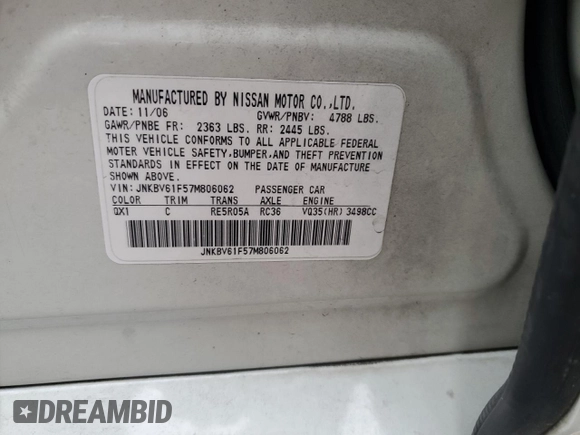 2007 Infiniti G35 G35x with VIN JNKBV61F57M806062, listed as a Copart auction lot 71824064 with 141,836 mi miles and Salvage Title. Bid and sale history available at DreamBid. Image 12.