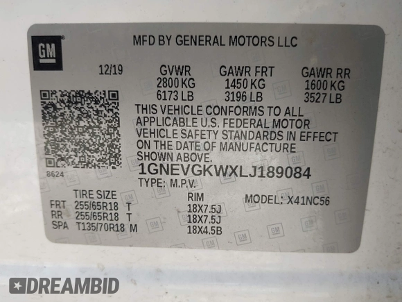 2020 Chevrolet Traverse LT Cloth with VIN 1GNEVGKWXLJ189084, listed as a IAAI auction lot 42763866 with 72,713 mi miles and . Bid and sale history available at DreamBid. Image 9.