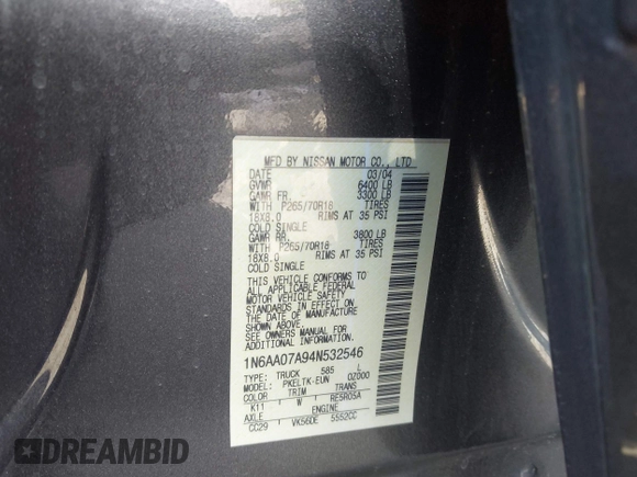 2004 Nissan Titan LE with VIN 1N6AA07A94N532546, listed as a IAAI auction lot 42103434 with 197,461 mi miles and . Bid and sale history available at DreamBid. Image 9.