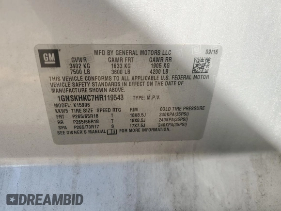 2017 Chevrolet Suburban LT z VIN 1GNSKHKC7HR119543, wystawiony jako Copart lot #54826315 z przebiegiem Nie podano mil oraz Szkoda całkowita • Salvage title. Historia ofert i sprzedaży dostępna na DreamBid. Obrazek 14.