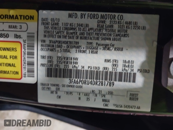2013 Ford Fusion Titanium Hybrid with VIN 3FA6P0RU4DR281789, listed as a IAAI auction lot 41909115 with 161,008 mi miles and . Bid and sale history available at DreamBid. Image 9.