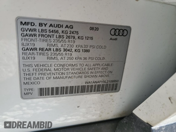 2020 Audi Q5 Premium z VIN WA1ANAFYXL2108850, wystawiony jako Copart lot #50569415 z przebiegiem 46 362 mil mil oraz Szkoda całkowita • Salvage title. Historia ofert i sprzedaży dostępna na DreamBid. Obrazek 15.