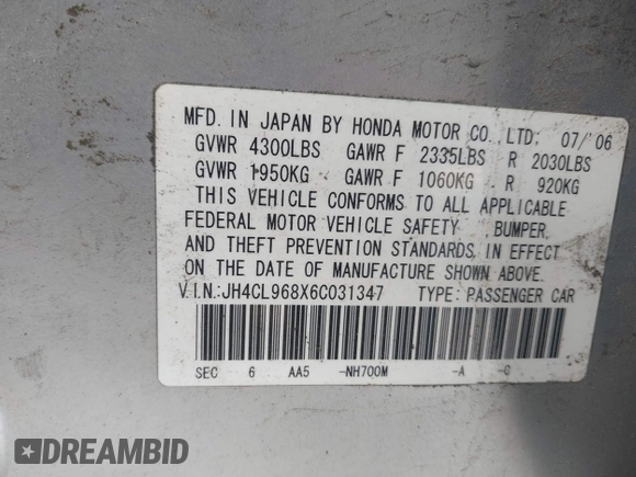2006 Acura TSX with VIN JH4CL968X6C031347, listed as a IAAI auction lot 42399242 with 279,572 mi miles and . Bid and sale history available at DreamBid. Image 9.