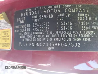 2008 Hyundai Entourage GLS с VIN KNDMC233586047592, выставлен на аукционе IAAI как лот 42541386 с пробегом 305 770 миль миль и . История ставок и продаж доступна на DreamBid. Изображение 9.