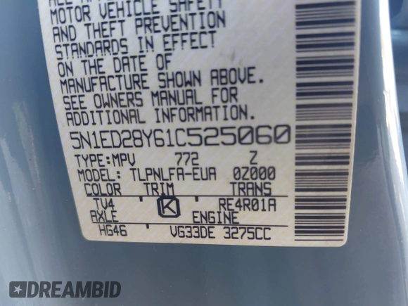 2001 Nissan Xterra XE with VIN 5N1ED28Y61C525060, listed as a IAAI auction lot 41131507 with 206,830 mi miles and . Bid and sale history available at DreamBid. Image 12.
