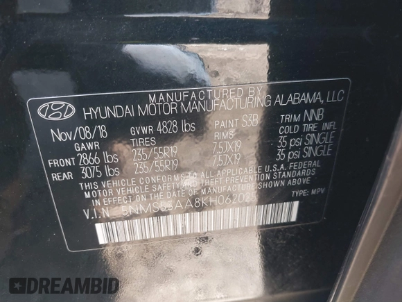 2019 Hyundai Santa Fe Ultimate with VIN 5NMS53AA8KH062025, listed as a IAAI auction lot 41707732 with 84,280 mi miles. Bid and sale history available at carsss.com. Image 9.