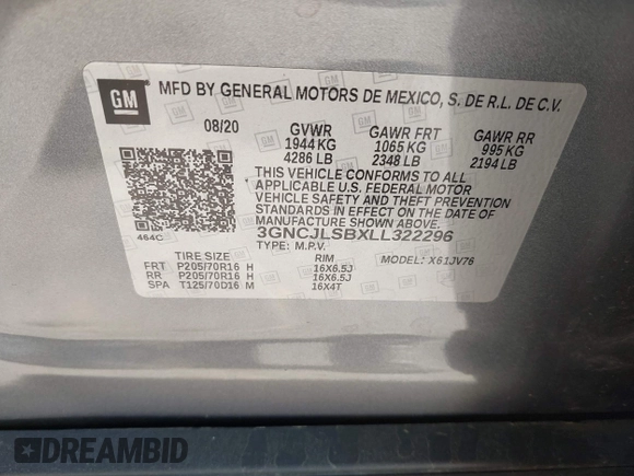 2020 Chevrolet Trax LT with VIN 3GNCJLSBXLL322296, listed as a IAAI auction lot 42030809 with 51,367 mi miles and . Bid and sale history available at DreamBid. Image 9.