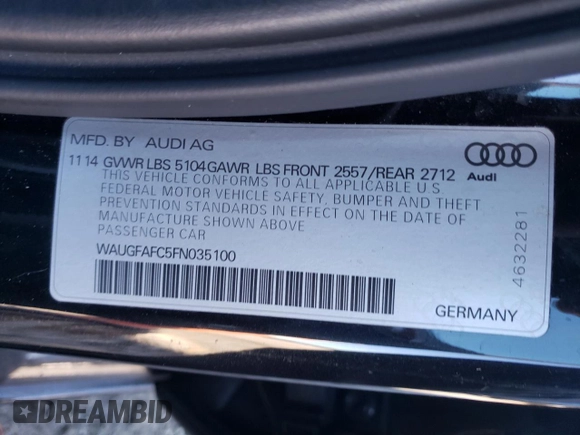 2015 Audi A6 2.0T Premium Plus with VIN WAUGFAFC5FN035100, listed as a Copart auction lot 38365073 with 72,638 mi miles. Bid and sale history available at carsss.com. Image 12.