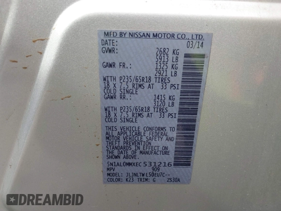 2014 Infiniti QX60 with VIN 5N1AL0MMXEC531216, listed as a IAAI auction lot 42003851 with 91,232 mi miles and . Bid and sale history available at DreamBid. Image 9.