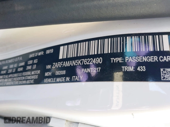 2019 Alfa Romeo Giulia z VIN ZARFAMAN5K7622490, wystawiony jako IAAI lot #41403496 z przebiegiem Nie podano mil oraz . Historia ofert i sprzedaży dostępna na DreamBid. Obrazek 9.