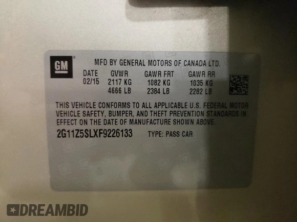 2015 Chevrolet Impala LS with VIN 2G11Z5SLXF9226133, listed as a Copart auction lot 54341745 with 111,852 mi miles and Salvage Title. Bid and sale history available at DreamBid. Image 12.