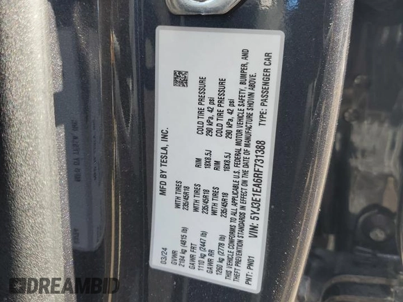 2024 Tesla Model 3 z VIN 5YJ3E1EA6RF731388, wystawiony jako Copart lot #50334065 z przebiegiem 8 305 mil mil oraz Szkoda całkowita • Salvage title. Historia ofert i sprzedaży dostępna na DreamBid. Obrazek 15.