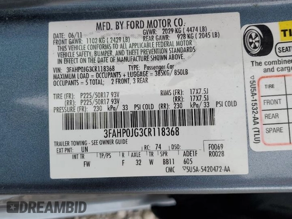 2012 Ford Fusion SEL with VIN 3FAHP0JG3CR118368, listed as a Copart auction lot 62387845 with 185,305 mi miles and Salvage title. Bid and sale history available at DreamBid. Image 12.