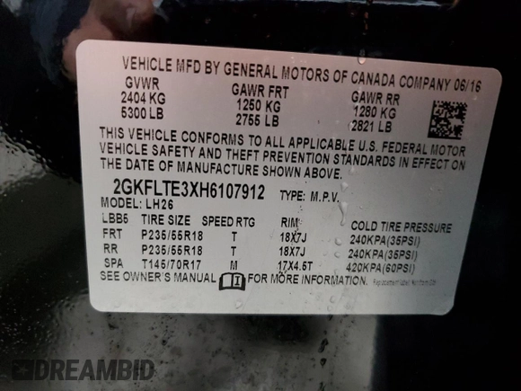 2017 GMC Terrain SLE with VIN 2GKFLTE3XH6107912, listed as a Copart auction lot 50130145 with 169,012 mi miles and Salvage Title. Bid and sale history available at carsss.com. Image 13.