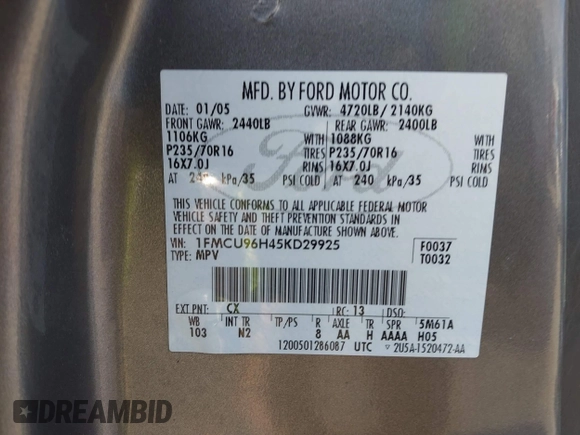 2005 Ford Escape Hybrid with VIN 1FMCU96H45KD29925, listed as a IAAI auction lot 41346475 with 209,922 mi miles. Bid and sale history available at carsss.com. Image 9.