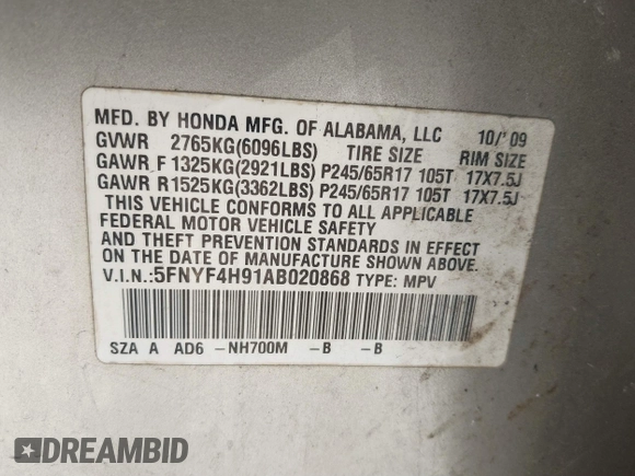 2010 Honda Pilot Touring with VIN 5FNYF4H91AB020868, listed as a IAAI auction lot 41783104 with 298,022 mi miles and . Bid and sale history available at carsss.com. Image 9.