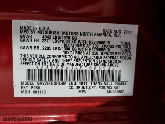 2015 Mitsubishi Outlander Sport ES with VIN 4A4AP3AU4FE005533, listed as a Copart auction lot 46318145 with 87,306 mi miles and Salvage Title. Bid and sale history available at carsss.com. Image 13.