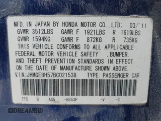 2011 Honda Fit Sport with VIN JHMGE8H57BC021538, listed as a IAAI auction lot 42263684 with 144,164 mi miles and . Bid and sale history available at DreamBid. Image 9.