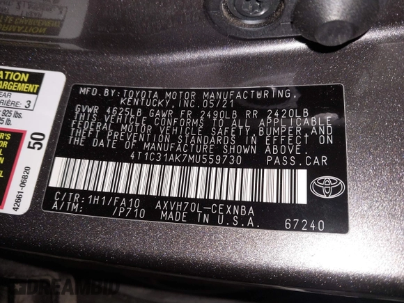 2021 Toyota Camry Hybrid LE with VIN 4T1C31AK7MU559730, listed as a IAAI auction lot 41851492 with 47,356 mi miles. Bid and sale history available at carsss.com. Image 9.