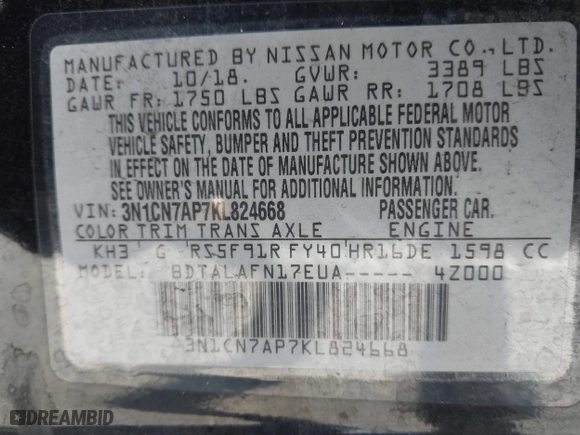 2019 Nissan Versa Sedan SV with VIN 3N1CN7AP7KL824668, listed as a IAAI auction lot 41259264 with 99,414 mi miles. Bid and sale history available at carsss.com. Image 9.