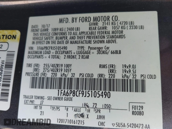 2018 Ford Mustang GT with VIN 1FA6P8CF9J5105490, listed as a IAAI auction lot 41222269 with 80,592 mi miles and . Bid and sale history available at DreamBid. Image 9.