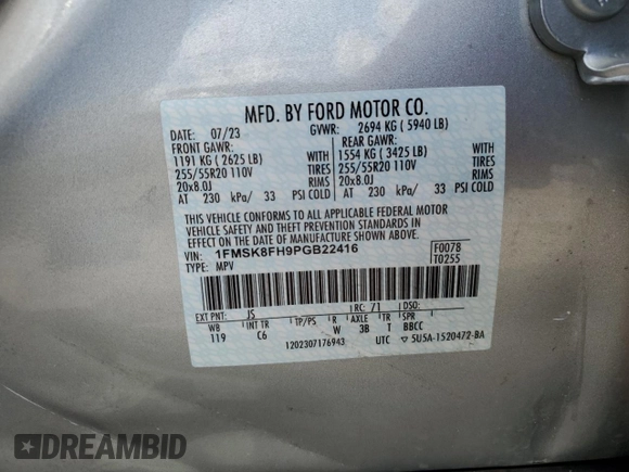2023 Ford Explorer Limited with VIN 1FMSK8FH9PGB22416, listed as a Copart auction lot 62079425 with 39,691 mi miles and Salvage title. Bid and sale history available at DreamBid. Image 14.