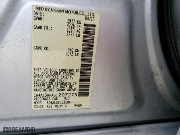 2016 Nissan Altima 2.5 SV with VIN 1N4AL3APXGC207275, listed as a Copart auction lot 44953265 with 138,877 mi miles and Salvage Title. Bid and sale history available at carsss.com. Image 13.