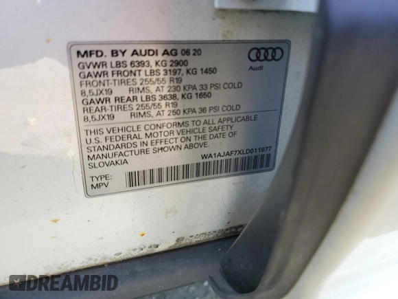 2020 Audi Q7 Premium z VIN WA1AJAF7XLD011977, wystawiony jako Copart lot #70385804 z przebiegiem 87 468 mil mil oraz Szkoda całkowita • Salvage title. Historia ofert i sprzedaży dostępna na DreamBid. Obrazek 13.