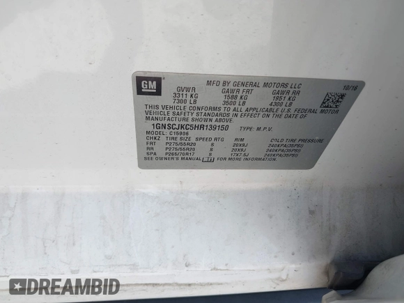 2017 Chevrolet Suburban Premier z VIN 1GNSCJKC5HR139150, wystawiony jako IAAI lot #42125570 z przebiegiem 177 792 mil mil oraz . Historia ofert i sprzedaży dostępna na DreamBid. Obrazek 9.