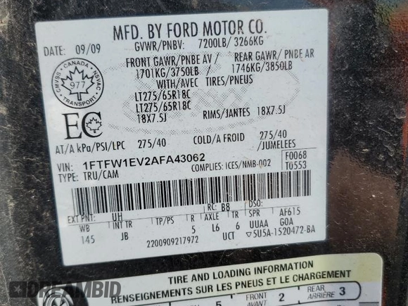 2010 Ford F-150 XL с VIN 1FTFW1EV2AFA43062, выставлен на аукционе Copart как лот 55393605 с пробегом 207 923 миль миль и Списание • Salvage title. История ставок и продаж доступна на DreamBid. Изображение 12.