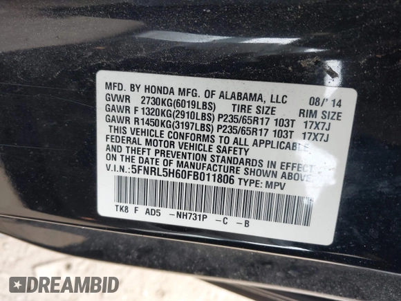 2015 Honda Odyssey EX-L with VIN 5FNRL5H60FB011806, listed as a IAAI auction lot 41791543 with 161,116 mi miles and . Bid and sale history available at DreamBid. Image 9.